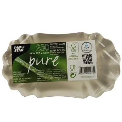 Zdjęcie produktu dla Jednorazowe tacki kartonowe Papstar z serii Pure owalne białe 105 x 175 mm 250 sztuk