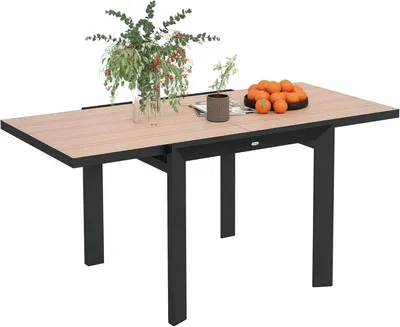 Image de Table de jardin extensible en aluminium, dimensions 80-160 x 80 cm, table à manger résistante aux intempéries pour 6 personnes, avec aspect bois