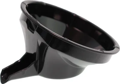 A black plastic funnel is shown against a white background.