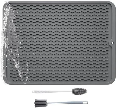 Imagen del producto de Uniqoos® Alfombrilla de silicona para escurrir platos, antideslizante y resistente al calor – 30 x 40 cm y 40 x 50 cm, apta para lavavajillas, libre de BPA, incluye 2 cepillos de limpieza para platos y botellas