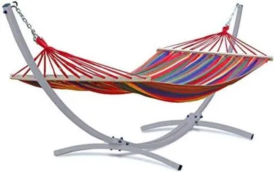 Productafbeelding van Famanu hangmat met steunboog - Hangmat met standaard - 3,5 meter lang x 1,25 meter breed - Kleur: rood/grijs