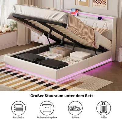 Image de Lit tapissée 160x200 cm - Avec espace de rangement et tête de lit LED - Sommier à lattes pour lit double