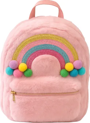Produktbild von Kinderrucksack Plüsch Regenbogen Mädchen, flauschiger Rucksack Kinder, Plüschrucksack Kindergarten Kita mit Vordertasche