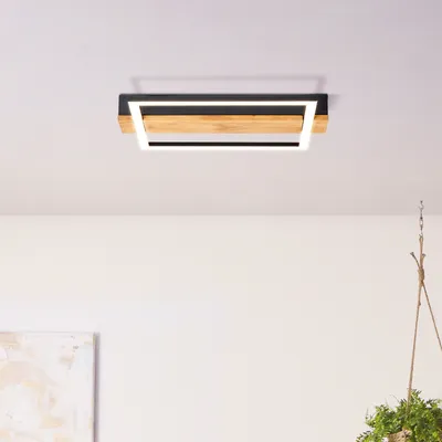 Produktbild von BRILLIANT moderne LED Deckenleuchte LONEOS | schwarze Deckenlampe mit Holz Details | 24W 2700 Lumen 3000 Kelvin | Metall/Holz/Kunststoff | 35x30 cm