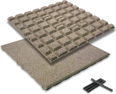 Immagine prodotto di set di 4 tappetini anticaduta bepco - (50x50cm, sabbia) - piastrelle in gomma antiurto e antiscivolo, con 16x perni di collegamento, in gomma riciclata al 100%