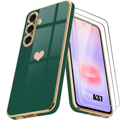 Image de Coque + 2 Verres Trempés pour Samsung Galaxy A37 5G, Silicone Slim Antichoc Motif Coeur - Vert Nuit