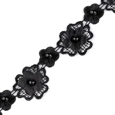 1m Seidenblüten mit Perle Spitzenborte schwarz