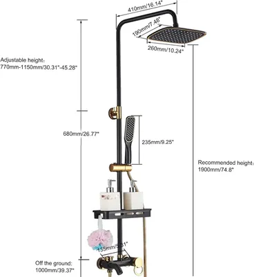 Produktbild von Thermostatische Duscharmatur - Duschset - Regendusche - Handbrause - Kalt- und Warmwasserregelung - Ablage - Schwarz