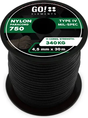 Produktbild von GO!elements 30m Paracord Seil aus reißfester Nylonschnur - 4,5mm Paracord 750 Typ IV Schnur - geeignet als Allzweckseil & Reepschnur - Max. 340kg, Farbe: Schwarz
