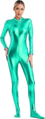 A woman is wearing a full-body metallic green suit.