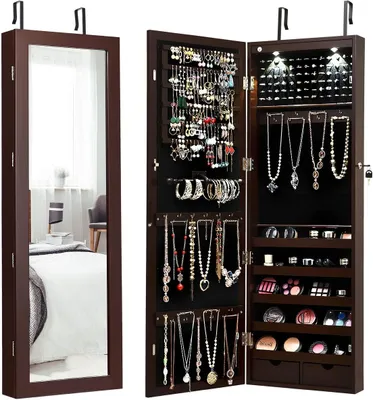 Image de COSTWAY Armoire à bijoux LED avec miroir intégral Étagère à bijoux Porte et montage mural Bijoux suspendus Marron