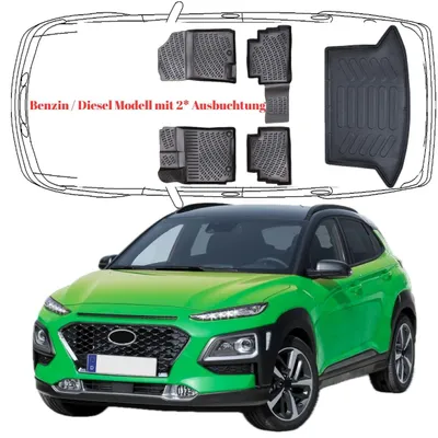 Produktbild von 3D Auto Fußmatten & Kofferraumwanne Set Kompatibel mit Hyundai Kona 1.Gen 2017-2023 Model mit 2 Ausbuchtung