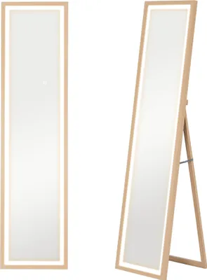 Image de HOMCOM Grand miroir pleine longueur 40 x 160 cm avec éclairage LED 3 couleurs et support, miroir mural ou sur pied rectangulaire pour chambre à coucher salon et dressing, chêne