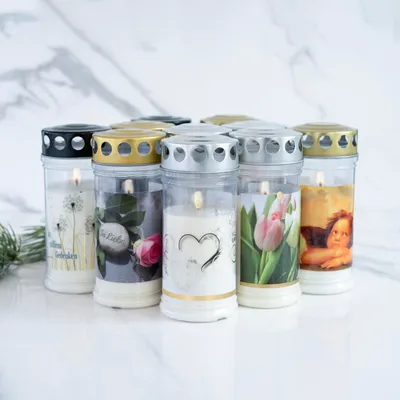 Produktbild von HOFER Grabkerzen 4 Tage Brenndauer mit Spruch & Motiv - 10 Stück - [Verbundenheit Select] - Trauerkerzen mit Deckel - Grablicht, Friedhofskerze