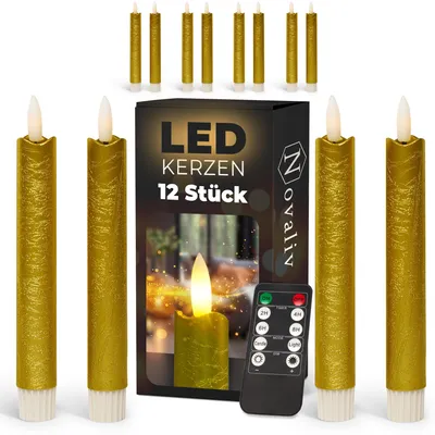 Obrázek produktu pro LED tyčové svíčky s časovačem, ZLATÉ, 12 kusů, pro vnitřní použití, 6 hodin, PRAVÉ VOSK, výška 18 cm, pro svíčky o průměru 2,2 cm, vyžadují 2 baterie AAA, LED tyčové svíčky, sada 4 kusů, ZLATÉ (tři sady), pohyblivý plamen