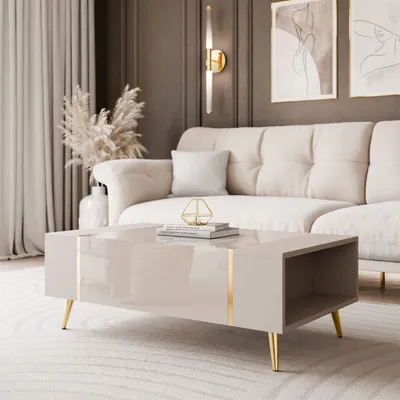 A modern living room scene with a couch and coffee table.