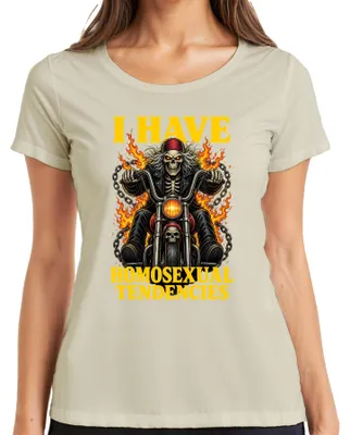 Immagine prodotto di Maglietta da donna con scritta "Ho tendenze omosessuali", stile biker, con motivo scheletrico, ironica, colore naturale, taglia L