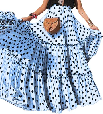 Produktbild von Sommer Frauen Plus Size Polka Dot Hohe Taille Rueschen A Line Swing Maxirock Hellblau XXL