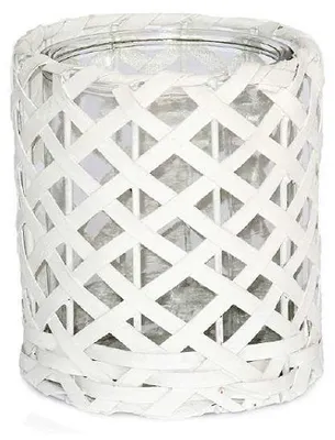 Zdjęcie produktu dla Duża, okrągła lampa ozdobna z białego wikliny, średnica 11,5 x wysokość 16 cm, z pojemnikiem szklanym