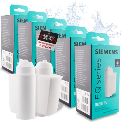 A product shot of multiple Siemens water filter boxes and two water filter cartridges in the foreground, with a splash of water effect in the background.