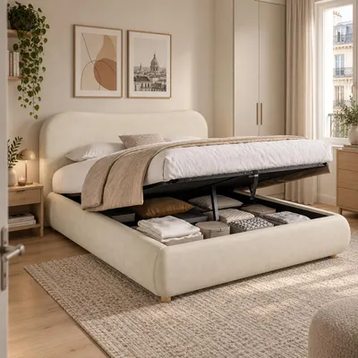 Productafbeelding van STILVORA gestoffeerd bed 160 x 200 cm met hydraulische opbergruimte, tweepersoonsbed met lattenbodem en hoofdeinde, multifunctioneel bed met massief houten poten, beige chenille, AI-gegenereerde afbeelding