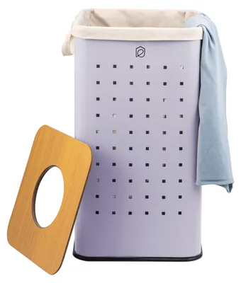 Produktbild von eluno eckige Wäschetonne, Wäschekorb, Wäschesammler mit waschbarem Wäschesack und abnehmbaren Deckel, 50 Liter Fassungsvermögen für Schlafzimmer, Badezimmer, Wäscheaufbewahrung aus Metall, flieder