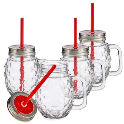 Produktbild von 4x Sole Trinkgläser mit Henkel, Deckel & Strohhalm 480 ml rot Henkelbecher Glas