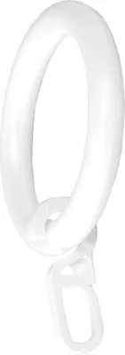 A single white curtain ring with a hook attached, isolated on a white background.