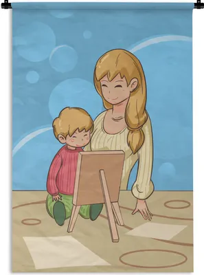 Produktbild von MuchoWow® Wandteppich Wandbehang Mutter und Kind Illustration mit Staffelei 90x135 cm Tapisserie Dekoration Wandtuch - Baumwolle - Wandskulptur