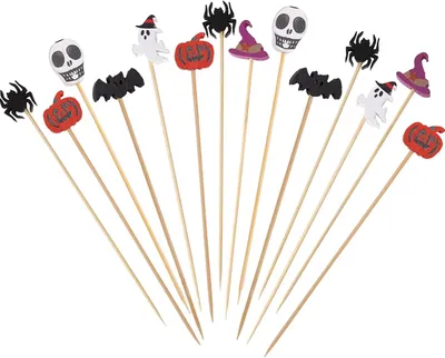 Produktbild von Catelves 100 Stück Halloween Cocktailspieße,Holzspieße Halloween Spinne Spieße Fingerfood,Kürbis Halloween Zahnstocher,Fledermaus Halloween Cocktail Sticks,Halloween Deko Spieße für Cocktail Zubehör