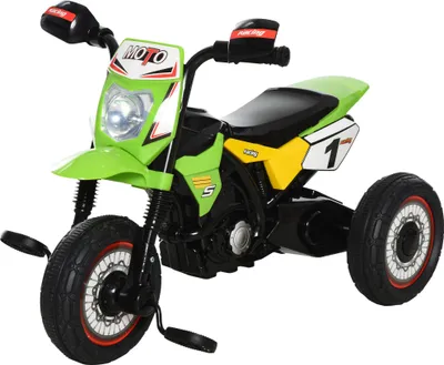 Zdjęcie produktu dla HOMCOM Trójkołowy motocykl dziecięcy Cross Efekty muzyczne i światła Pudełko do przechowywania Zielony
