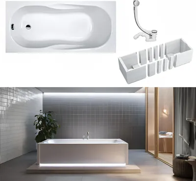 Produktbild von VBChome Badewanne 150 x 70 cm Weiß Acryl Platz für LED-Beleuchtung Styroporträger Wannenträger Siphon Wanne Rechteck Weiß Design Modern Ablaufgarnitur