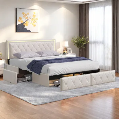 A bedroom scene featuring a bed with storage drawers and a tufted headboard with LED lighting.