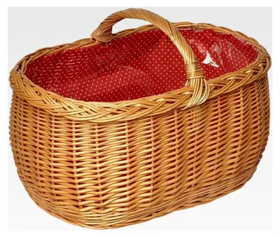 Produktbild von Großer Einkaufskorb aus Weide mit Henkel und fester Stoff-/Schutzfolie | Muster: rot mit Punkten | geflochten oval