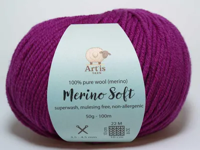 Zdjęcie produktu dla Merino Soft Art'is Yarn 100% wełna, bez mulesingu i z wykończeniem Superwash (50 g / 120 m) (334 cyklamenowy)