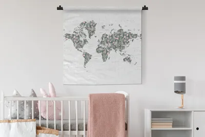 Produktbild von MuchoWow® Wandteppich Wandbehang Weltkarte - Blätter - Rosa 90x90 cm Tapisserie Dekoration Wandtuch - Wandaufhänger