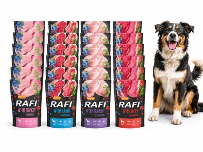 Produktbild von Nassfutter für Hunde Dolina Noteci Rafi Adult getreidefrei Beutel 24 x 500 g Mix 6 x Lamm, 6 x Kaninchen, 6 x Rind, 6 x Truthahn Nassfutter