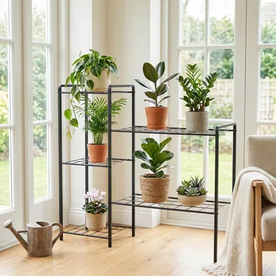 Produktbild von Blumenständer 5 Etagen Metall schwarz, Pflanzenständer Indoor Outdoor groß, Etagere asymmetrisch hoch und niedrig, Wohnzimmer Balkon, 94 x 90 cm