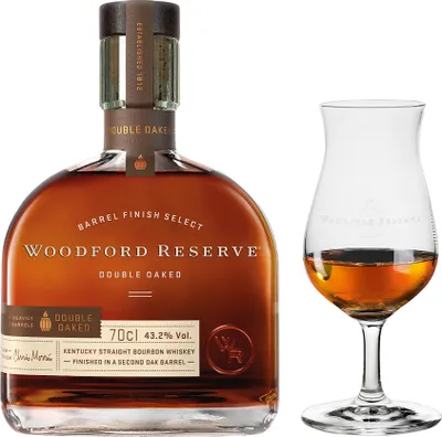 Produktbild von Woodford Reserve Double Oaked Kentucky Straigth Bourbon Whiskey + RITZENHOFF Nosing Glas mit WR Branding | 43,2 % vol | 0,7 l