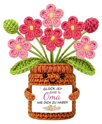 Handgehäkelte Blume mit Karte – Oma-Geschenk, 1 Stück, rosa