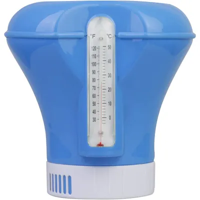 A blue and white floating pool thermometer.