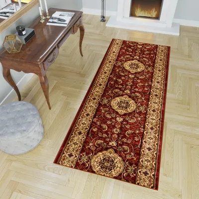 Produktbild von Läufer Teppich Meterware Flur Wohnzimmer Schlafzimmer Kurzflor Rot Beige Klassisch Design Meliert  80 x 490