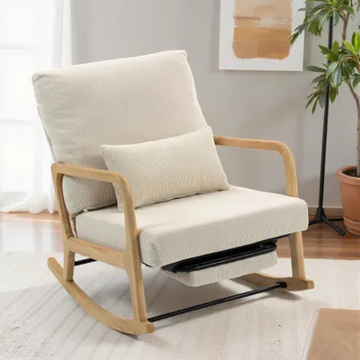 Zdjęcie produktu dla Krzesło bujane z podnóżkiem, fotel relaksacyjny z regulowanym oparciem, obicie z tkaniny welurowej, kolor kremowy | 89 x 70 x 97,5 cm | możliwość regulacji nachylenia do 136 stopni | rama wykonana z drewna kauczukowego