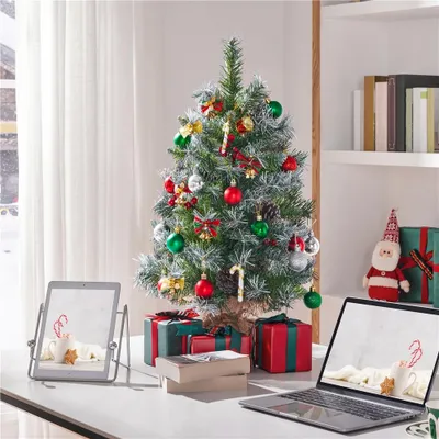 Zdjęcie produktu dla Sztuczna choinka Yaheetech 92 cm ze śniegiem, 50 diodami LED, 10 jagodami i 10 szyszkami, mała choinka do dekoracji świątecznych