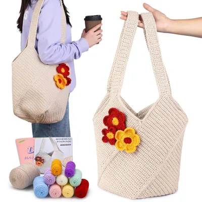 Immagine prodotto di Kit per principianti per realizzare una borsa a tracolla all'uncinetto, completo di filato, uncinetto e istruzioni (colore kaki)