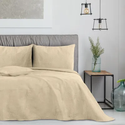 Produktbild von Tagesdecke Bettüberwurf Blättermuster Steppung Samt 260 x 280 cm - Beige-cappucino