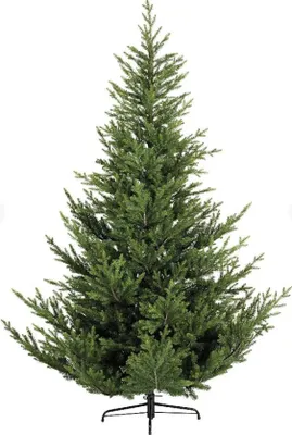 A green artificial Christmas tree on a white background.