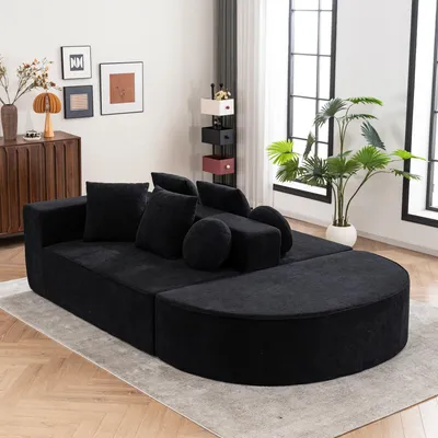 Obrázek produktu pro okwish Bezramenná pohovka Chaiselongue s rozkládací funkcí a pěnovou strukturou, Modulární pohovka s 4 čtvercovými polštáři, černá