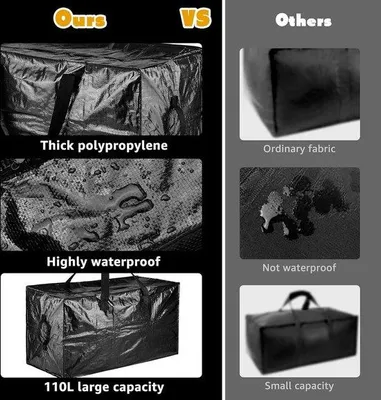 Image de Lot de 4 cartons de déménagement robustes de 110 litres avec couvercle, boîtes de transport étanches pour le déménagement, trousse de toilette à fermeture éclair, sacs pour vêtements et linge de maison, noir
