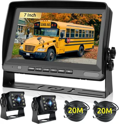 Imagen del producto de Cable para cámara de visión trasera AHD, kit con monitor de 8 pulgadas, 2 cámaras, 2 cables de 20 metros, resistente al agua (IP69), visión nocturna, 2 canales. Adecuado para camiones y vehículos recreativos